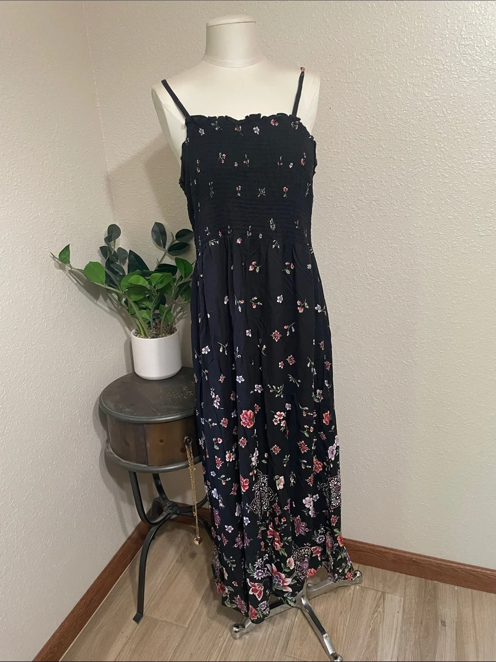 Angie Black Floral Smocked Maxi Dress